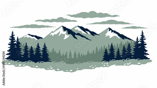 Illustration of a mountain range with snow capped peaks and a dense forest under a cloudy sky view scene