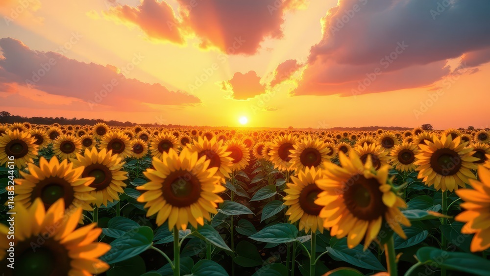 Fototapeta premium Golden Hour Sunbeams Illuminating a Vast Field of Vibrant Sunflowers at Sunset