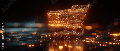 Digital Shopping Cart Concept Glowing on Circuit Board Close Up Future of Retail and E Commerce Technology
