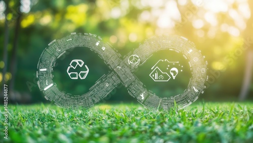Sustainable infinity symbol, overlaid on a green grass field.  Circular graphic depicts recycling, environmental data, and circular economy, with an infinite loop