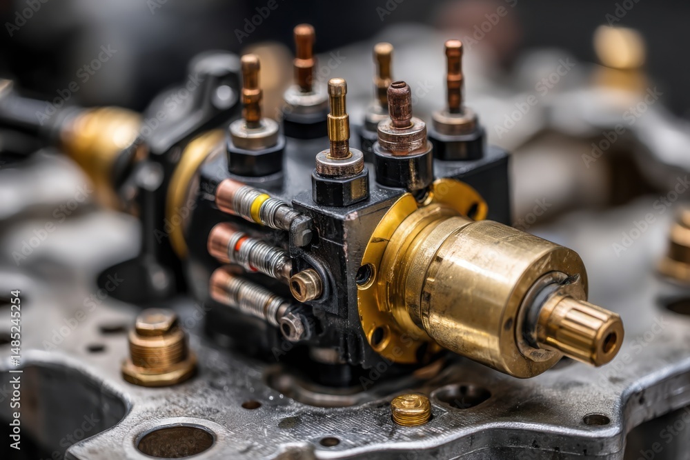 Close-up of intricate brass and black metal industrial machine part showing precise engineering and mechanical detail in studio lighting Close-up of intricate brass and black metal industrial machine part showing precise engineering and mechanical detail in studio lighting