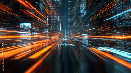 Abstract Digital Data Stream Flowing Through Futuristic Cityscape Perspective View Orange and Blue Tones