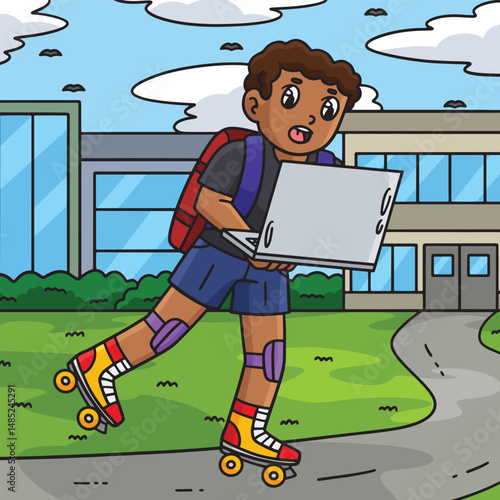 Roller Skating Boy with a Laptop Colored Cartoon 