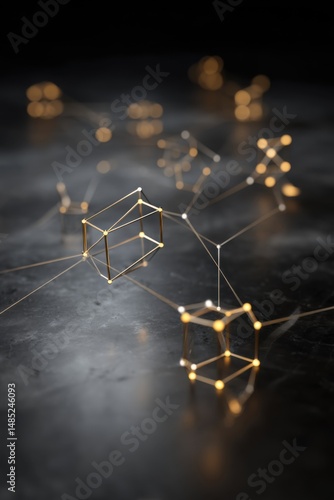 Abstract Network of Golden Cubes and Glowing Nodes on Dark Marble Surface, Conceptual Technology and Data Visualization, High Angle View
