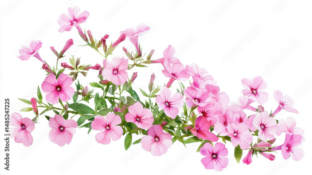 Obraz premium Watercolor botanical illustration of pink flowers with green leaves, showcasing delicate petals and vibrant colors