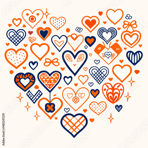 Heart shaped arrangement of assorted heart icons in orange and blue on a cream colored background design