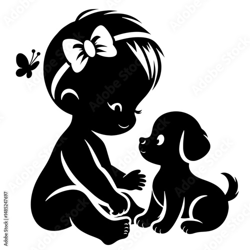 Cute baby girl with puppy in black stylish silhouette on transparent background