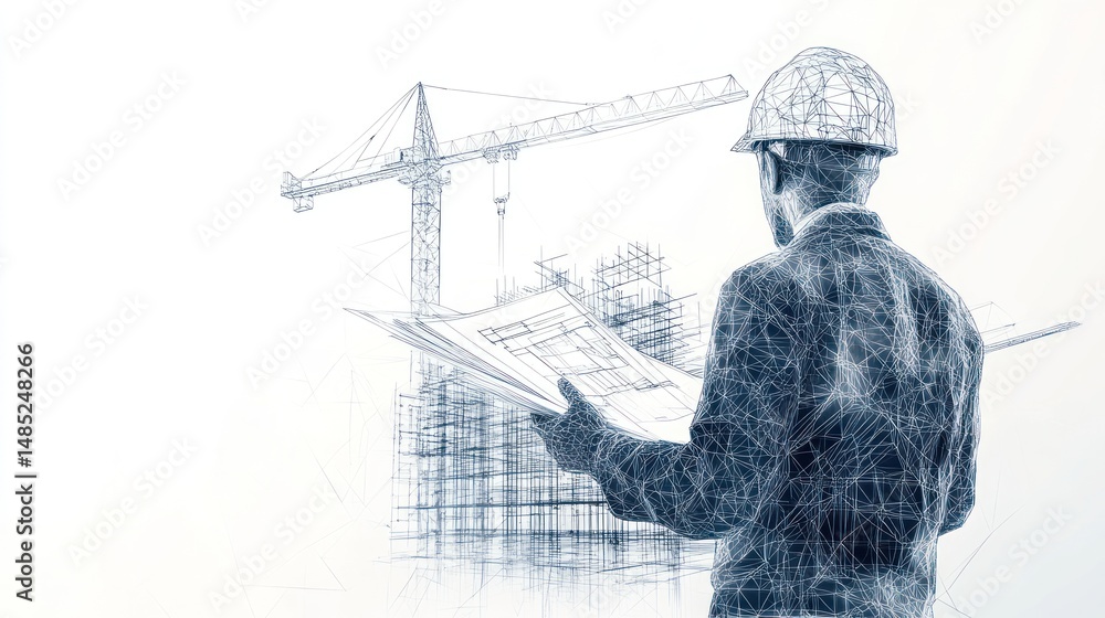 Obraz premium Architect reviewing blueprints, construction crane & building sketch in background