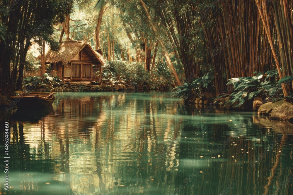 Fototapeta premium Tropical Hut and Boat on Calm River Water Reflecting Bamboo Forest Trees in Lush Jungle Landscape