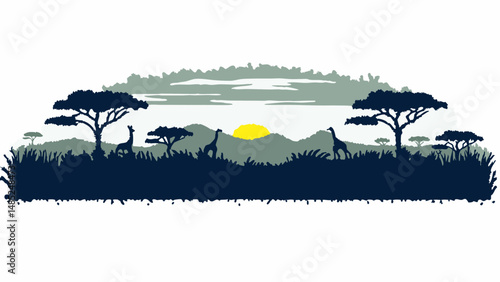 Silhouette of giraffes and trees against a sunset in an african landscape with mountains in the background