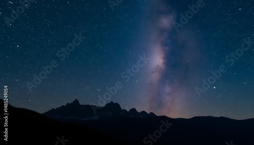 Glistening Milky Way arching majestically above the rugged mountain peaks., blurry foreground. with white shades