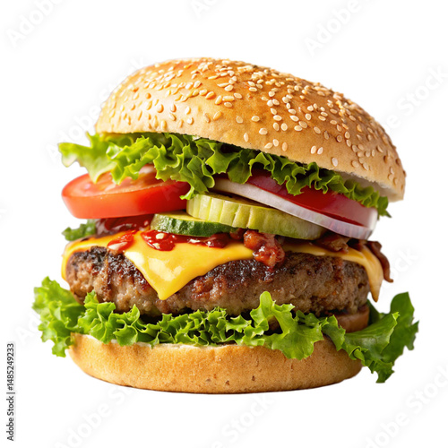 Juicy Cheeseburger with Fresh Ingredients and Sesame Bun isolated PNG or Transparency Background