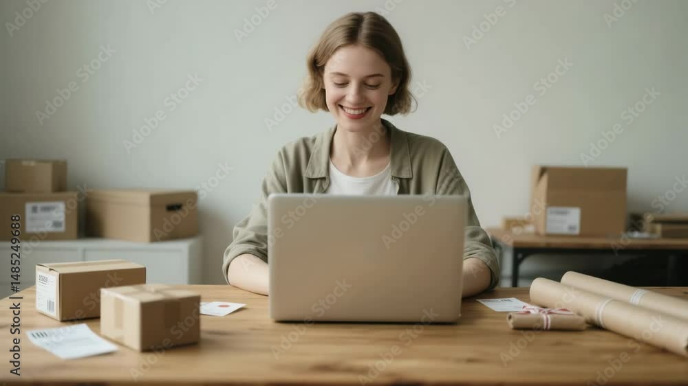 Smiling woman works on laptop in home office, surrounded by shipping boxes, packing supplies and labels, bright room, small business owner preparing online orders, ecommerce workspace, cozy setting Smiling woman works on laptop in home office, surrounded by shipping boxes, packing supplies and labels, bright room, small business owner preparing online orders, ecommerce workspace, cozy setting