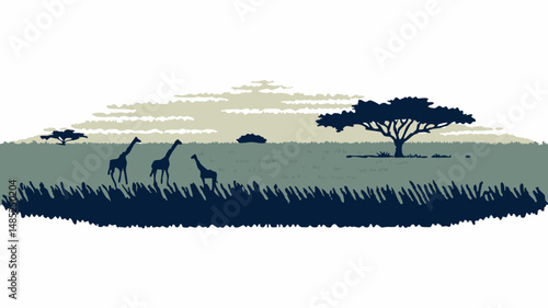 Silhouette of giraffes grazing on the african savanna with a tree and cloudy sky at dusk landscape view
