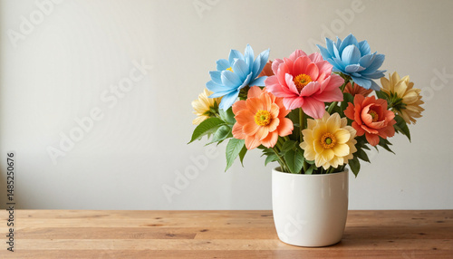 Wallpaper Mural Colorful bouquet of artificial flowers in a white vase on wood table   Torontodigital.ca