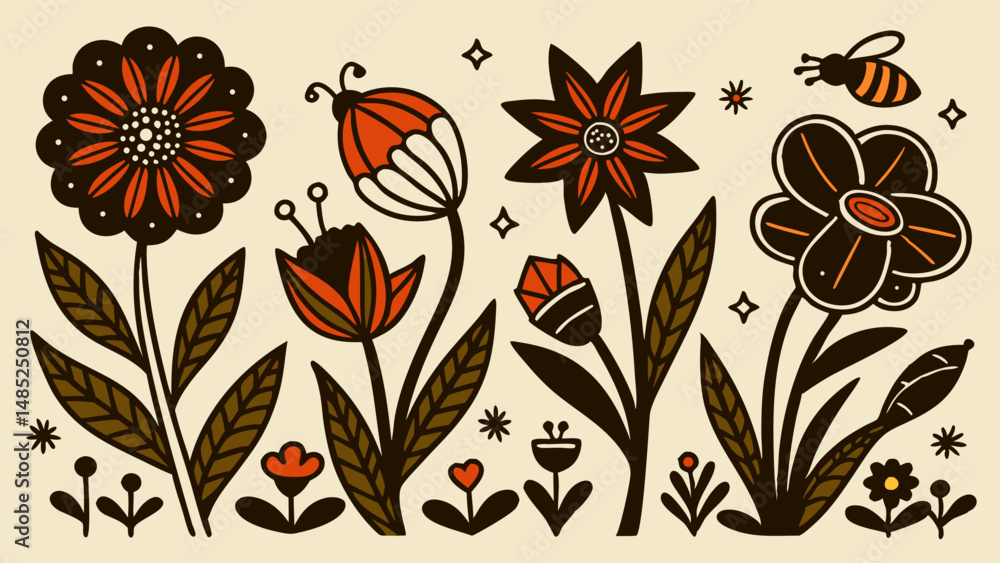 Fototapeta premium Illustration of various stylized flowers and a bee with a retro color palette design style