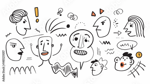 Illustration of various expressive faces with different emotions and abstract doodle elements scattered around them