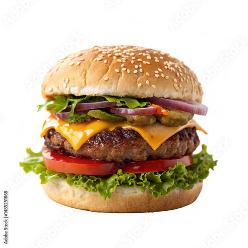Juicy Cheeseburger with Fresh Ingredients and Sesame Bun isolated PNG or Transparency Background