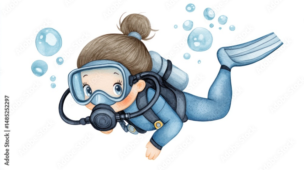 An adorable girl scuba dives underwater, surrounded by bubbles An adorable girl scuba dives underwater, surrounded by bubbles