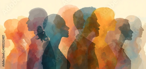 Diverse Group of People Silhouettes Watercolor Painting Art Representing Unity and Community