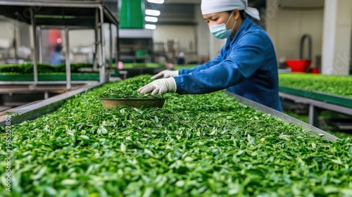 Green Tea Processing in Factory with Worker Sorting Fresh Leaves