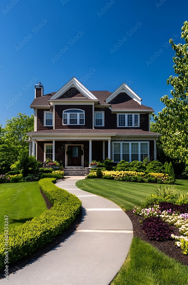 TwoStory Brown House with Walkway, Green Bushes, Lawn and Blue Sky on Clear Day TwoStory Brown House with Walkway, Green Bushes, Lawn and Blue Sky on Clear Day