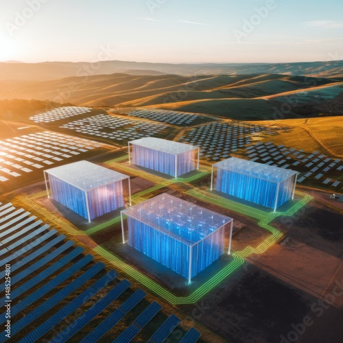 Battery Storage Grids: “An aerial panorama of rolling hills dotted with solar farms and massive BESS containers, their enclosure walls translucent to reveal glowing battery racks. Power-flow lines