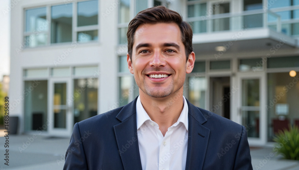 Confident man smiling in a suit standing outside a modern building Confident man smiling in a suit standing outside a modern building