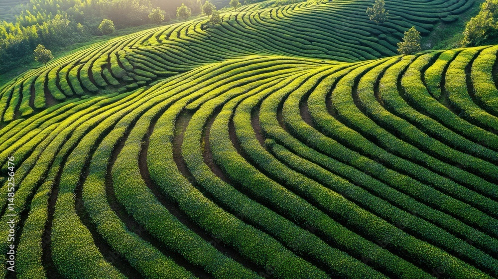 Lush Green Tea Plantation Landscape with Patterned Crop Rows Lush Green Tea Plantation Landscape with Patterned Crop Rows