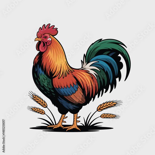  Bright Rooster Vector with Field Wheat Clean White Background