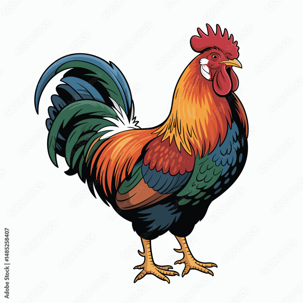 Fototapeta premium Bright Rooster Vector with Field Wheat Clean White Background