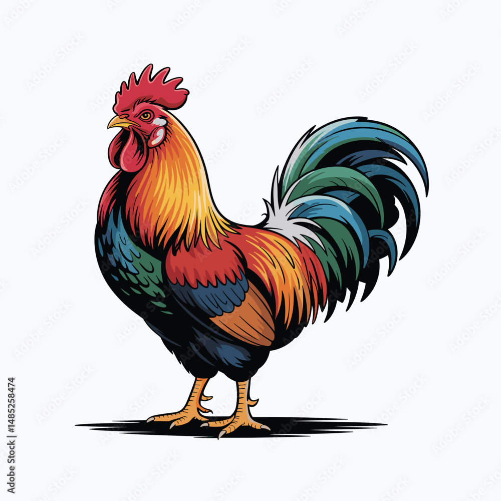 Fototapeta premium Bright Rooster Vector with Field Wheat Clean White Background