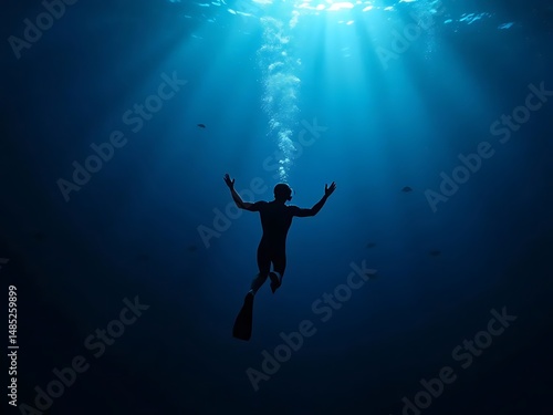 Wallpaper Mural Scuba diver floating midwater in deep ocean, sunrays penetrating from surface, tranquil underwater atmosphere, minimal bubbles, solitude, dark blue tones, peaceful marine scene Torontodigital.ca