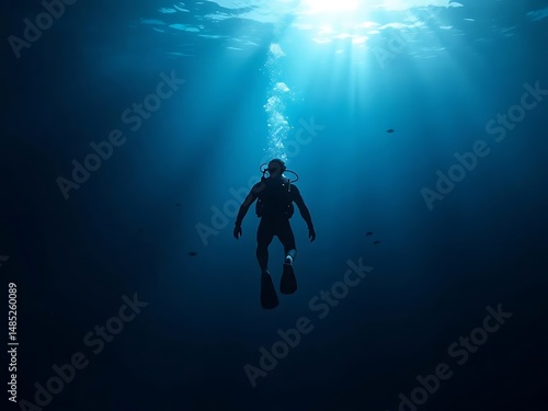 Wallpaper Mural Scuba diver floating midwater in deep ocean, sunrays penetrating from surface, tranquil underwater atmosphere, minimal bubbles, solitude, dark blue tones, peaceful marine scene Torontodigital.ca