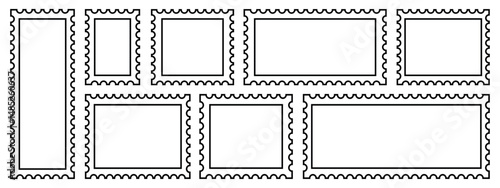 Postage stamp outline, vector icon. Empty stamps set. Postal shapes outline border. Blank frames for mail letter. Jagged wavy edge forms. Vintage objects for poster, banner, badge, sticker. 