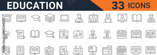 Modern education line icons set with students, books, graduation cap, online learning, e-learning tools, and digital classroom symbols for school, college, training, and academic design