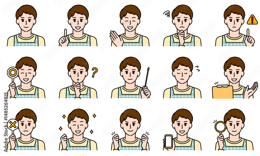 表情とポーズで感情を表すエプロンを着用した保育士の男性のイラストセット 表情とポーズで感情を表すエプロンを着用した保育士の男性のイラストセット