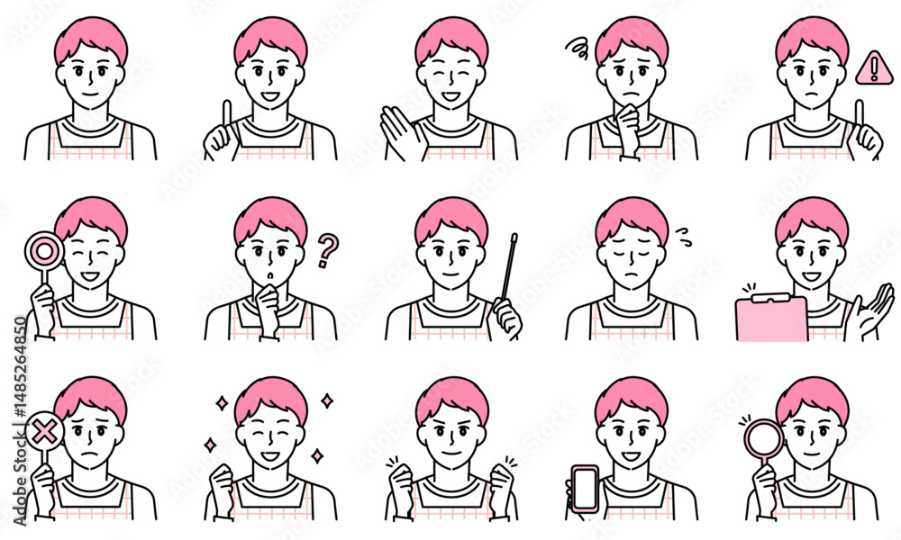 表情とポーズで感情を表すエプロンを着用した保育士の男性のイラストセット 表情とポーズで感情を表すエプロンを着用した保育士の男性のイラストセット