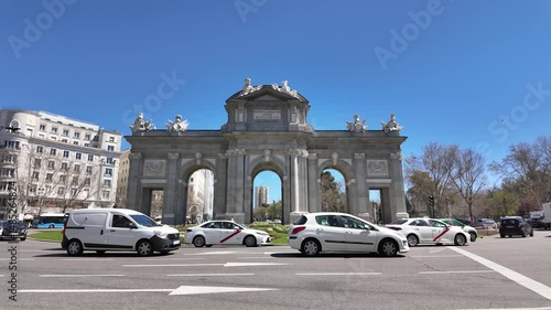 Alcala Gate At Madrid In Comunidad De Madrid Spain. Medieval Building Scenery. Downtown Cityscape. Cultural Heritage Skyline. Alcala Gate At Madrid In Spain. Famous Puerta De Alcala.