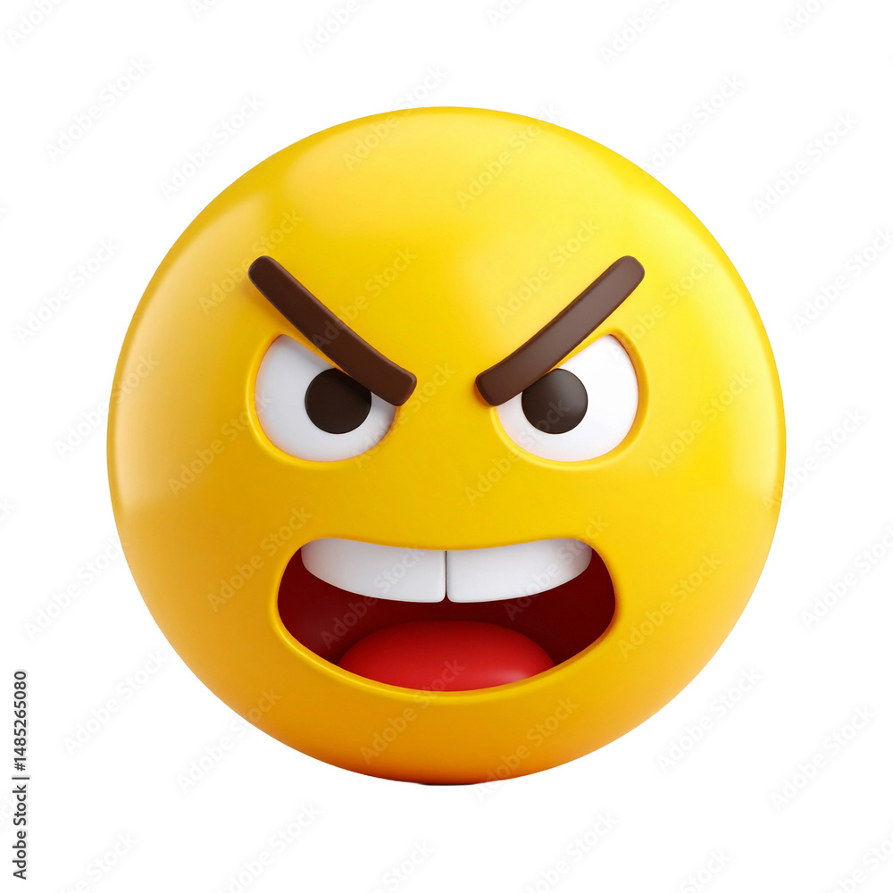 Fototapeta premium An angry emoji with a furious expression on yellow background. The emoji's face is contorted in rage