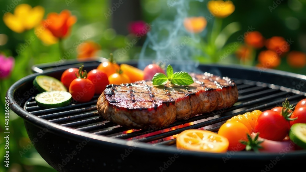 Summertime grilling featuring a sizzling steak and assorted vegetables on a barbecue grill Summertime grilling featuring a sizzling steak and assorted vegetables on a barbecue grill