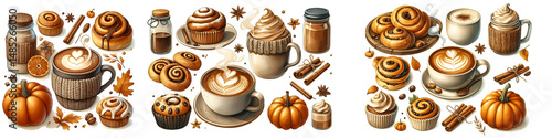 cozy cafe-inspired autumn spread, including a pumpkin spice latte, cinnamon rolls, maple cookies, and a warm mug of hot chocolate. watercolor clipart illustration isolated on a white background