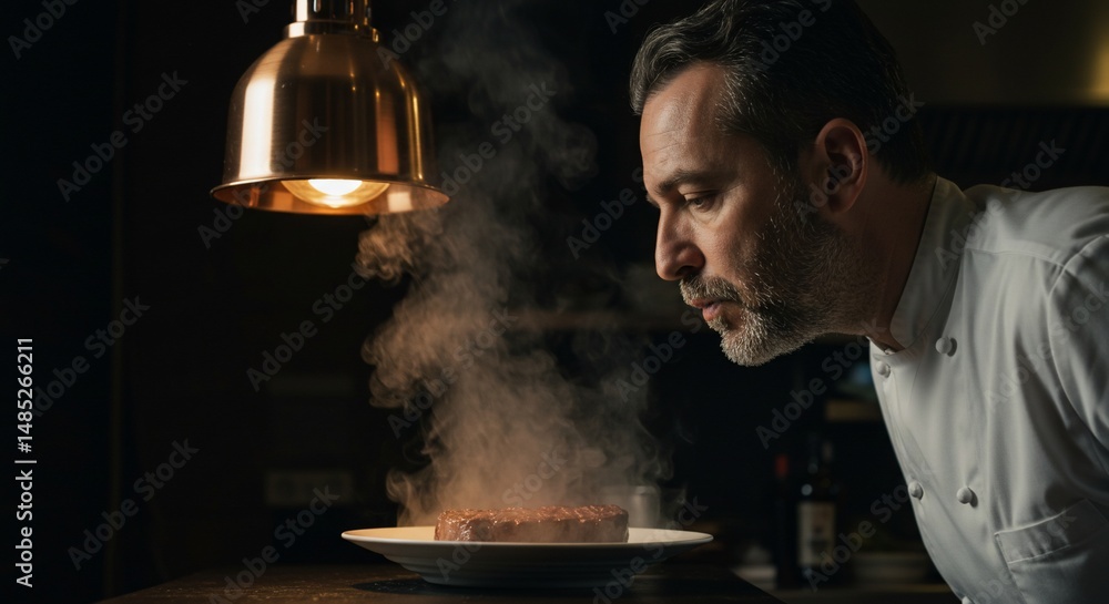 Chef assesses steaming dish under heat lamp Chef assesses steaming dish under heat lamp