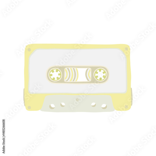 Illustration of an audio cassette tape yellow color and cartoon cute flat design. Analog media for recording and listening to music.