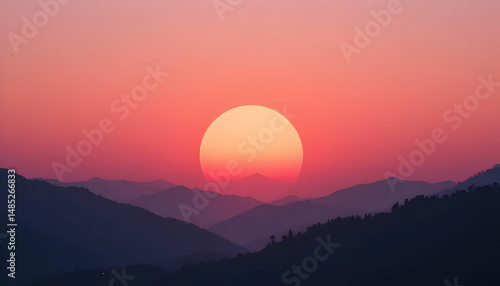 Pale Pink And Orange Sunset Over Silhouetted Mountains
