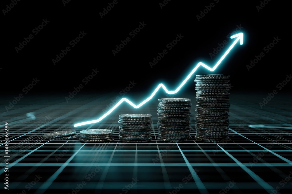 Naklejka premium Neon Blue Lines Illustrate High-Tech Financial Growth with Coins on Dark Background