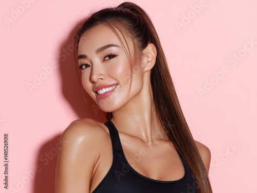 Smiling woman with long, st...