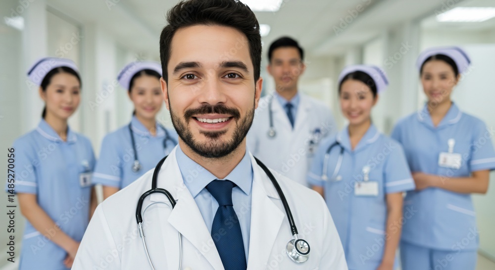 Confident healthcare team in a hospital corridor Confident healthcare team in a hospital corridor