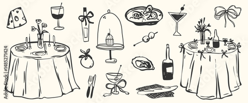 Italian cocktail party sketch crayon doodle with drinks and sweets wedding vacation event. Hand drawn vector illustrations for menu, invitation paper, save the date.