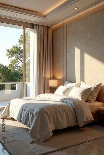 Serene Bedroom with Natural Light Streaming Through Floor-to-Ceiling Window and Neutral Color Palette